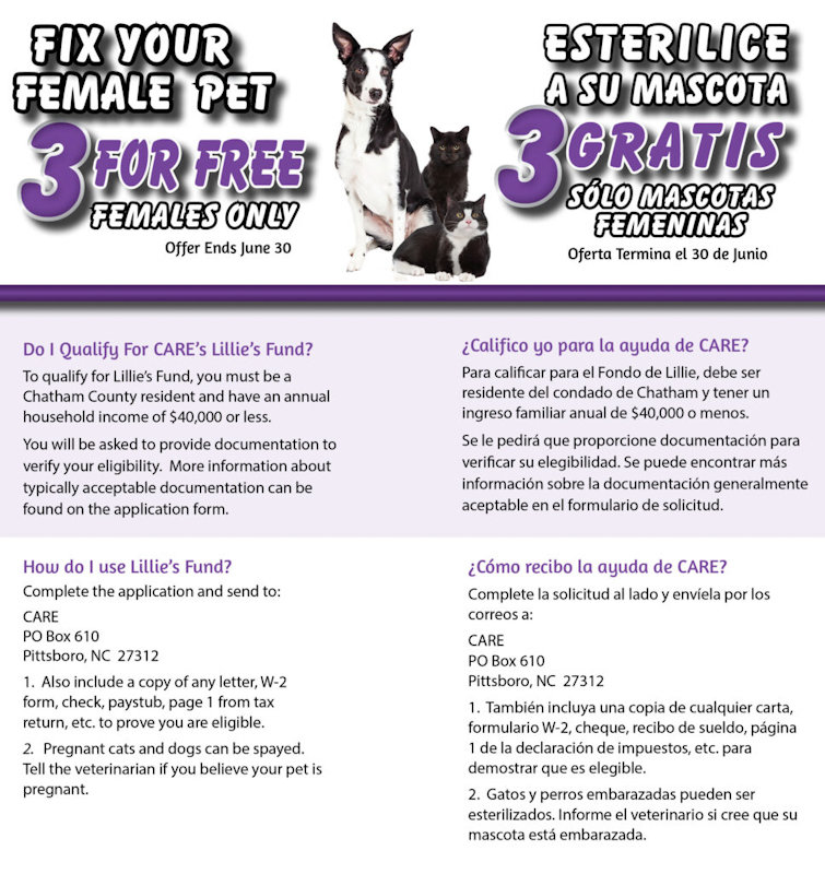 A flyer with information about Lillie's Fund, CARE's low-cost spay and neuter program for Chatham County residents.